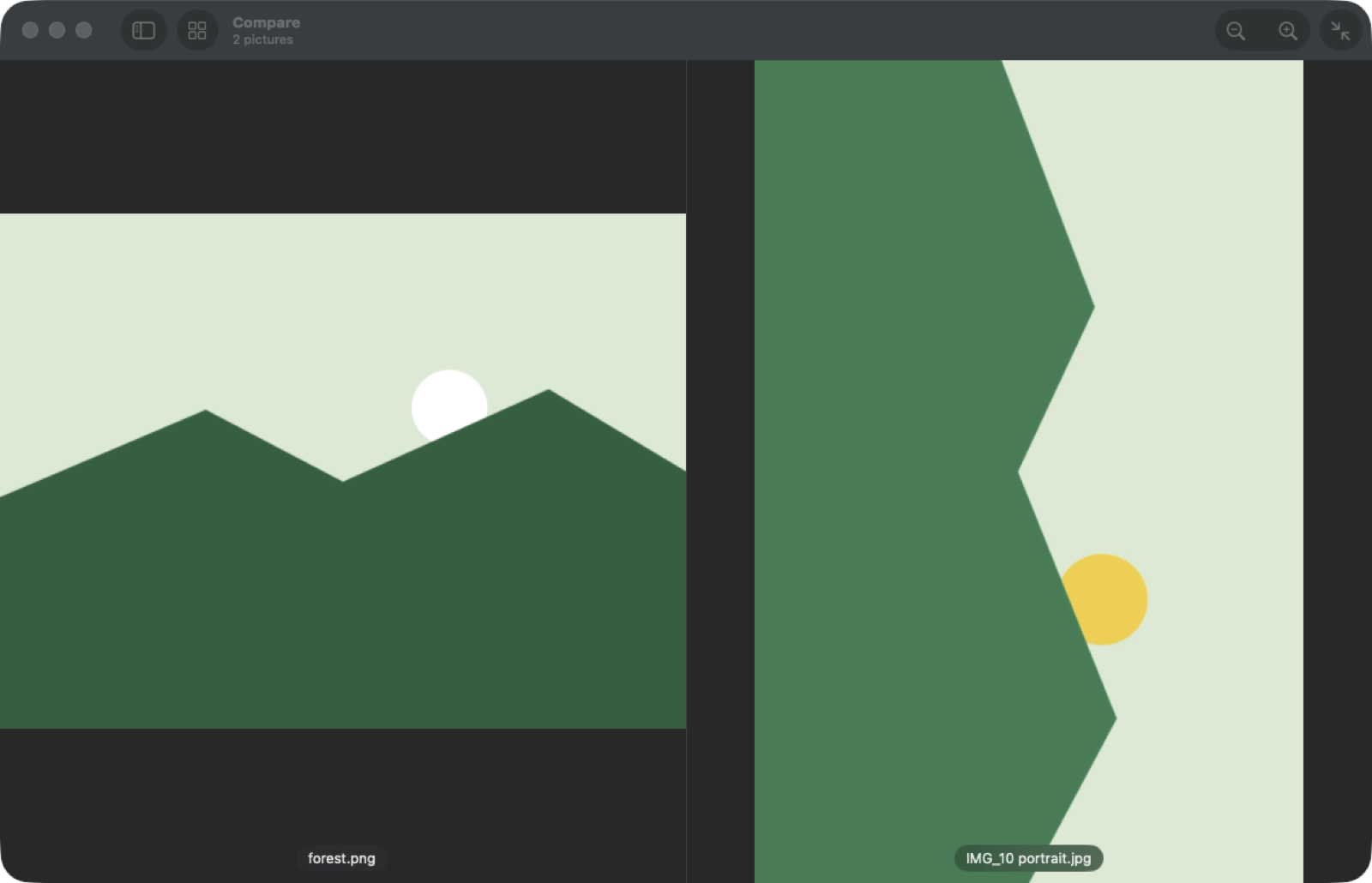 Two pictures side by side in Pixo's Compare view, a landscape and a portrait, each with its file name below