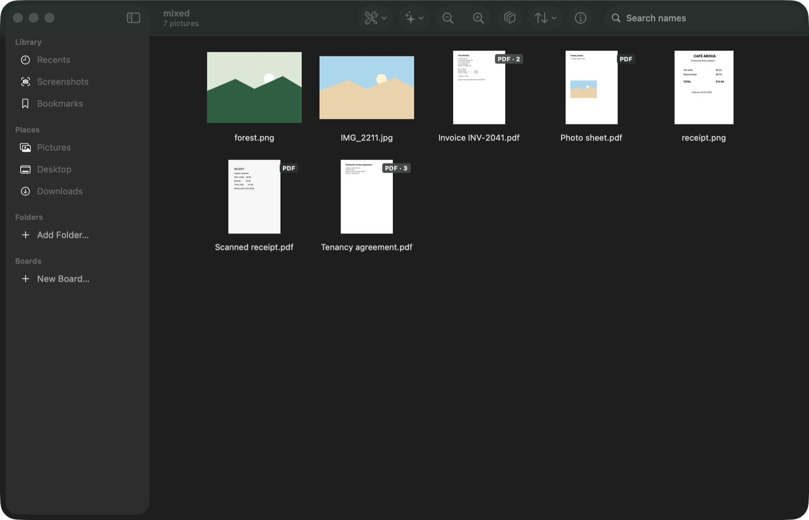 The Pixo window: a sidebar with Recents, Screenshots, Bookmarks, places and boards, and a grid of pictures and PDFs with page-count badges