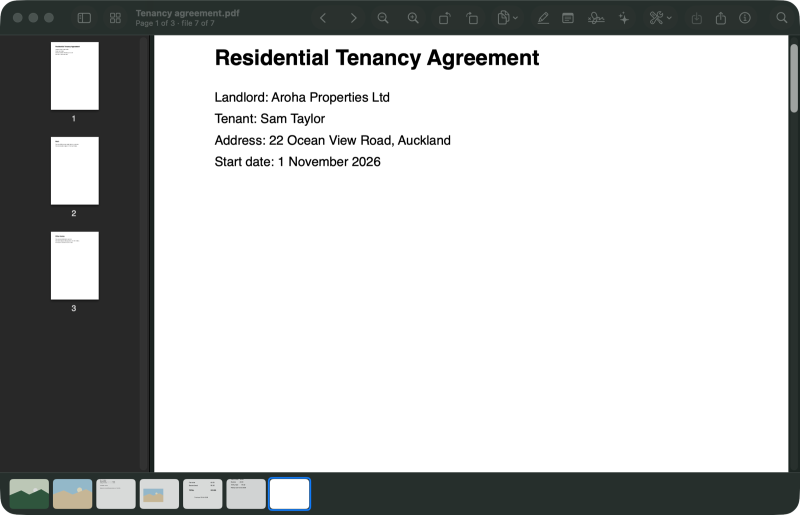 A tenancy agreement PDF open in Pixo, with page thumbnails on the left and the PDF toolbar for rotating, highlighting, notes, signing and asking