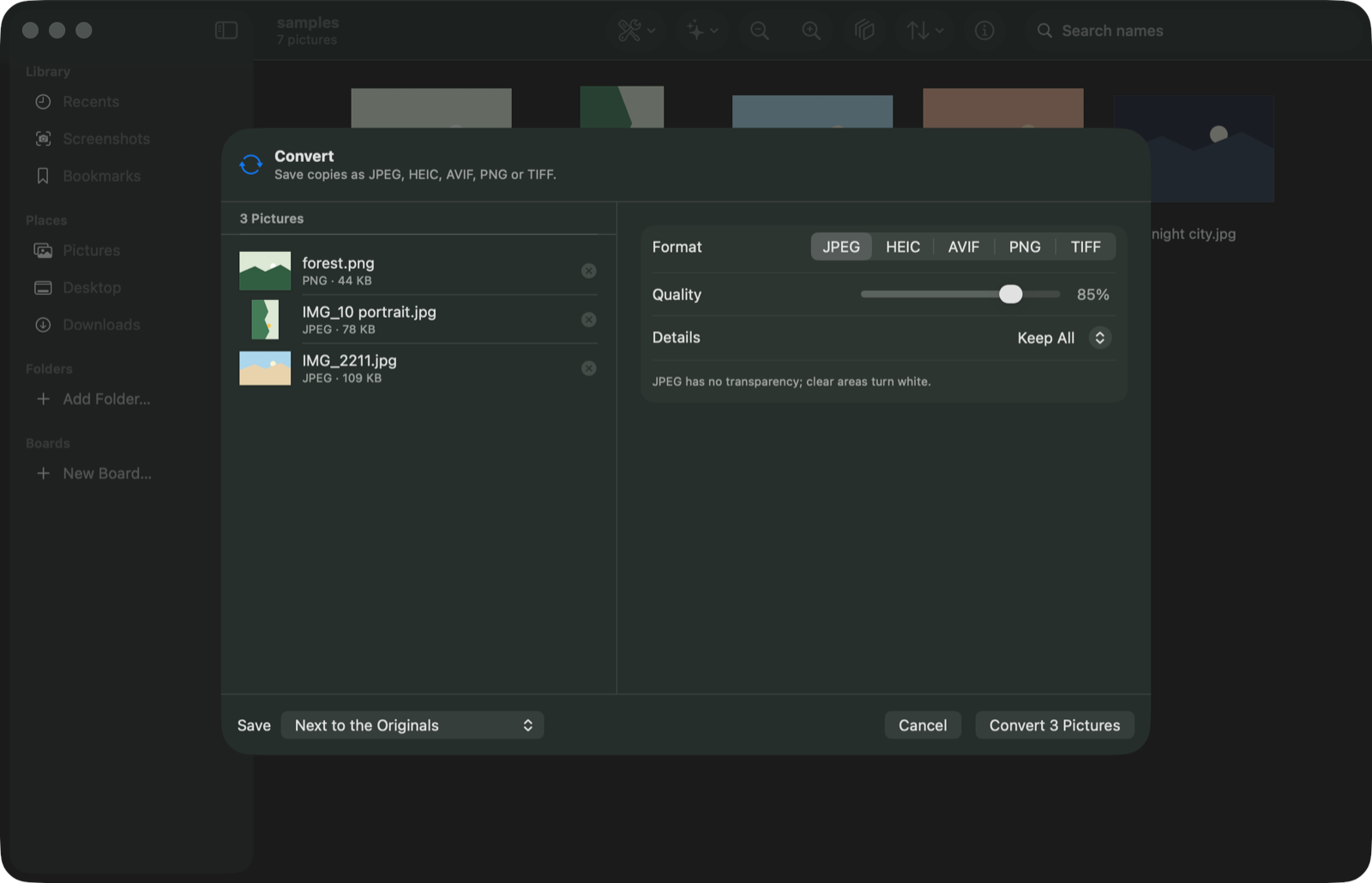 The Convert sheet in Pixo: three pictures on the left, the format, quality and details options on the right, and Convert 3 Pictures