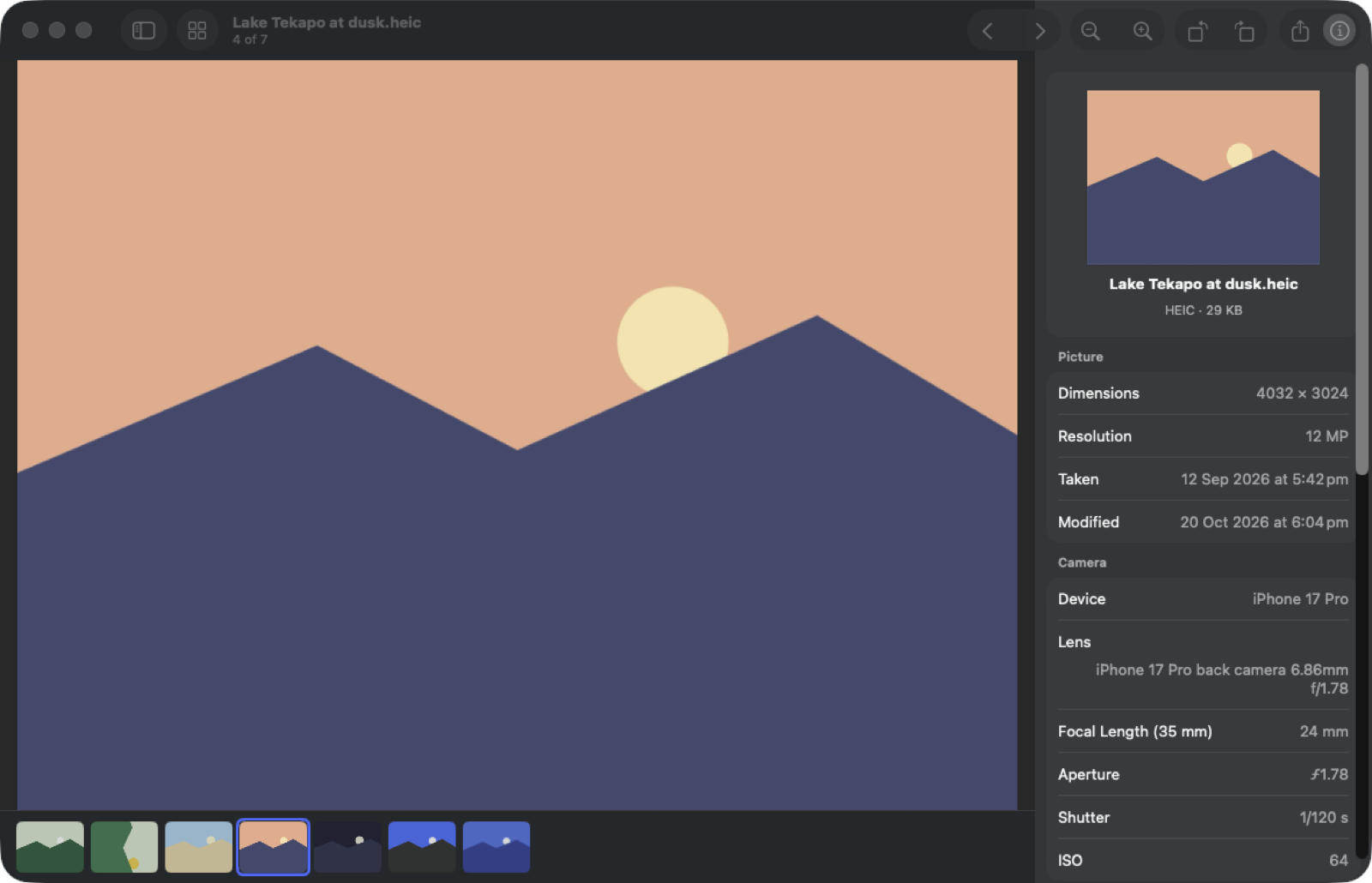 A photo open in Pixo with the inspector showing its size, camera, lens, aperture, shutter, ISO and when it was taken, and a filmstrip below